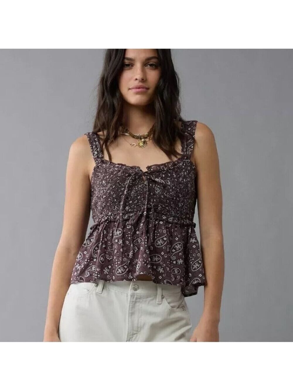NWT American Eagle Smocked Babydoll Paisley Top M
